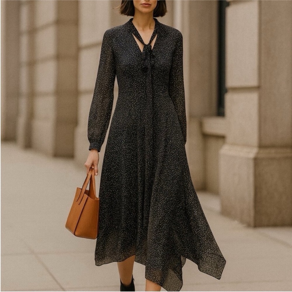 NEW Theory Tie Neck Drape Silk Dress Midi Multi Speckle Black Size 0
